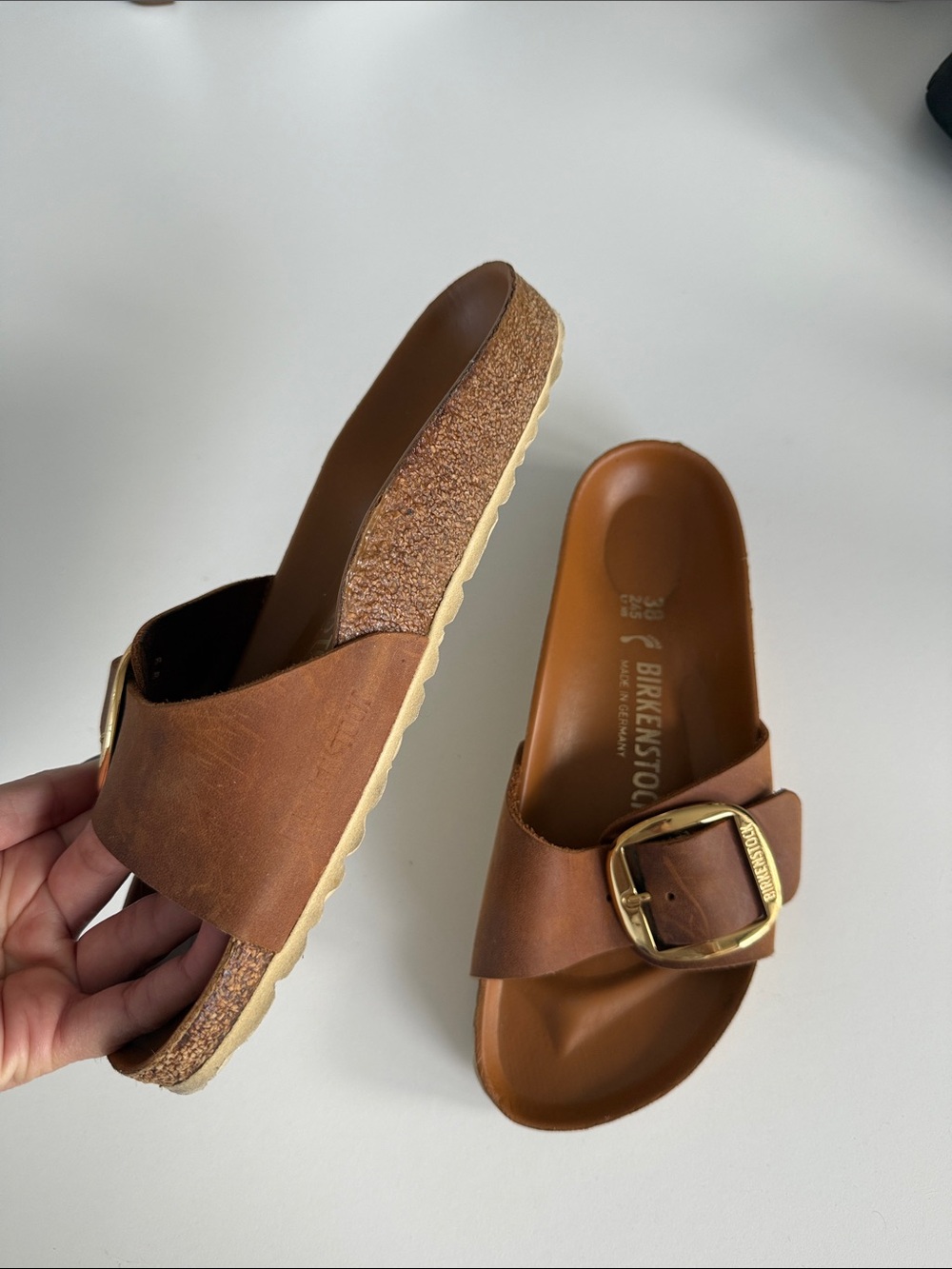 Birkenstock Madrid Single Buckle Slide Sandal - Cognac Brown with Gold Buckle - Picture 3 of 3